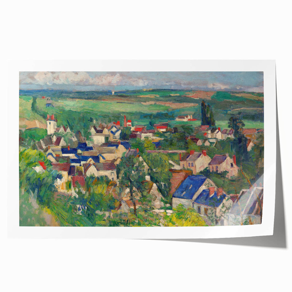 Paul Cézanne's floral painting on rolled canvas, featuring soft green and pink tones, suitable as art wall dining room decor.