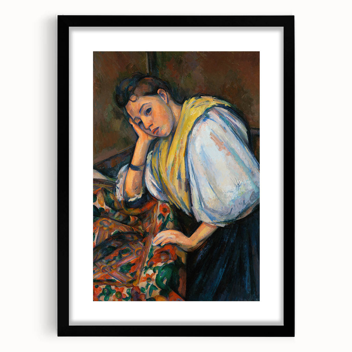 Extra large abstract art print featuring textured, colorful art with Paul Cézanne's design, in a black frame.