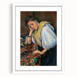 Abstract art print of Paul Cézanne’s work in a white frame with mat, featuring muted earth tones.