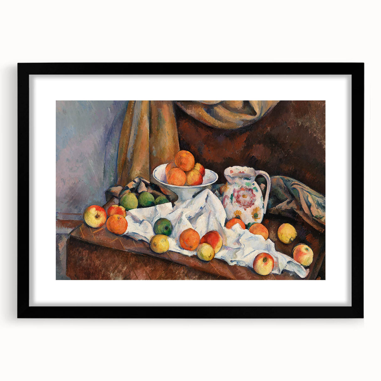 Extra large, textured abstract art print of colorful, swirling patterns on a black-framed canvas.