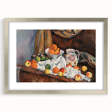 Textured art print of Paul Cézanne's abstract design in muted colors on a silver-framed canvas, suitable for bedroom art.