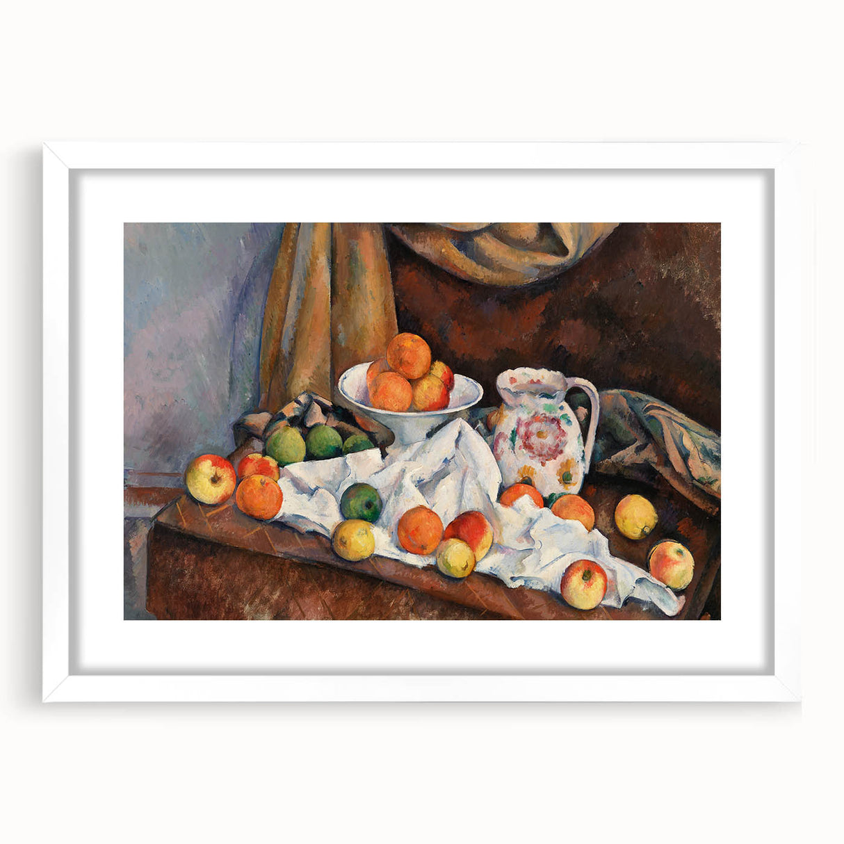 Abstract art print of a Paul Cézanne landscape in muted greens and blues on a framed white canvas.
