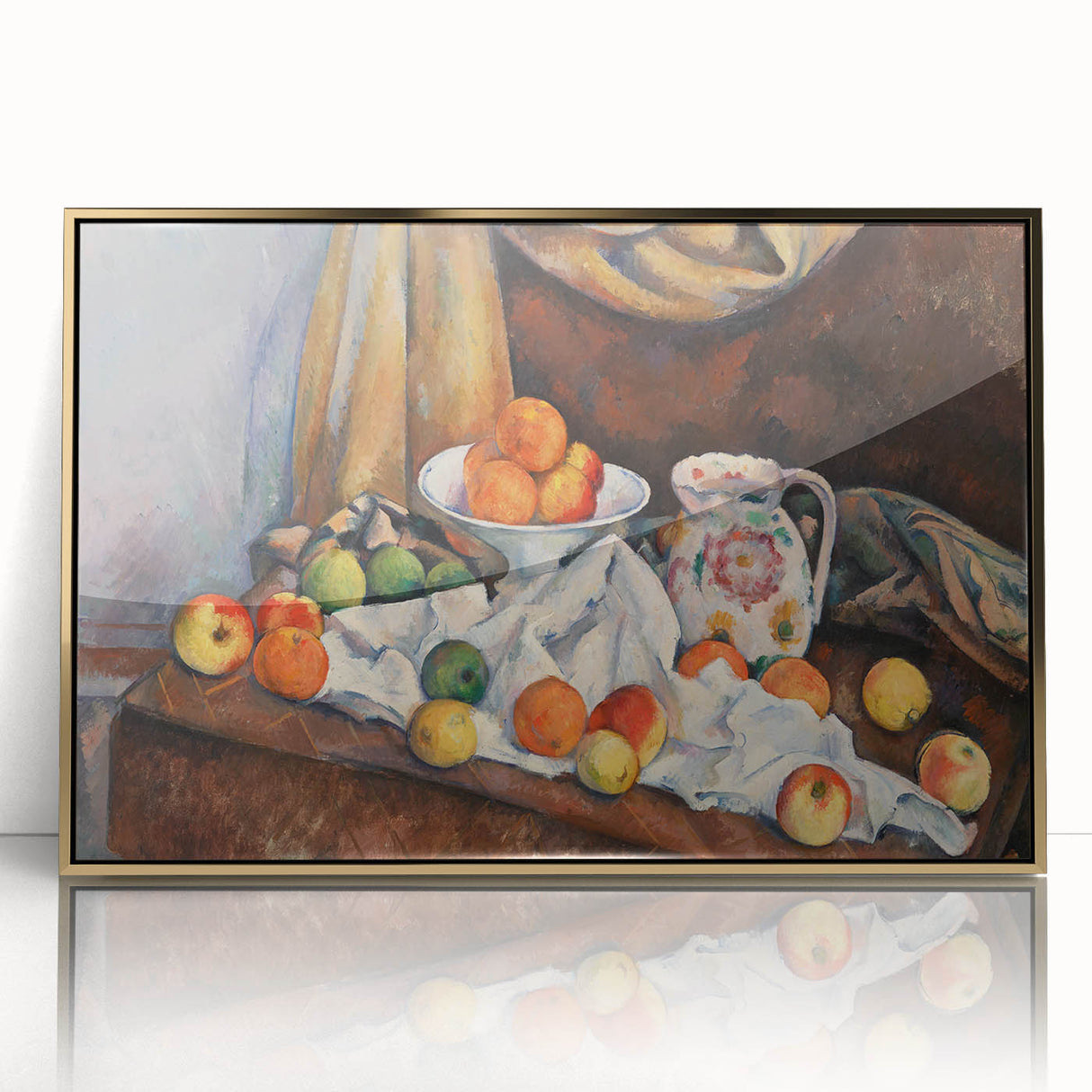 Large art print of a Paul Cézanne landscape, with muted earth tones, in a gold frame, suitable for modern art wall decor.
