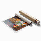 Paul Cézanne floral art on rolled print depicting a vase with flowers in soft earth tones.