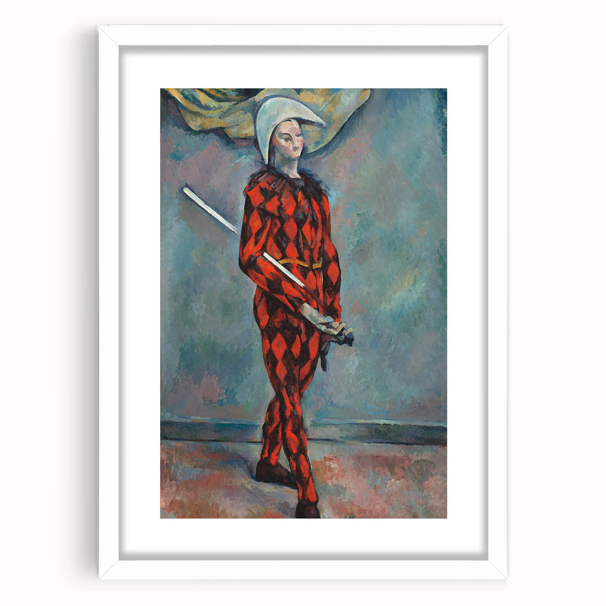 Abstract art print of a Paul Cézanne design featuring muted earth tones on a white framed canvas.