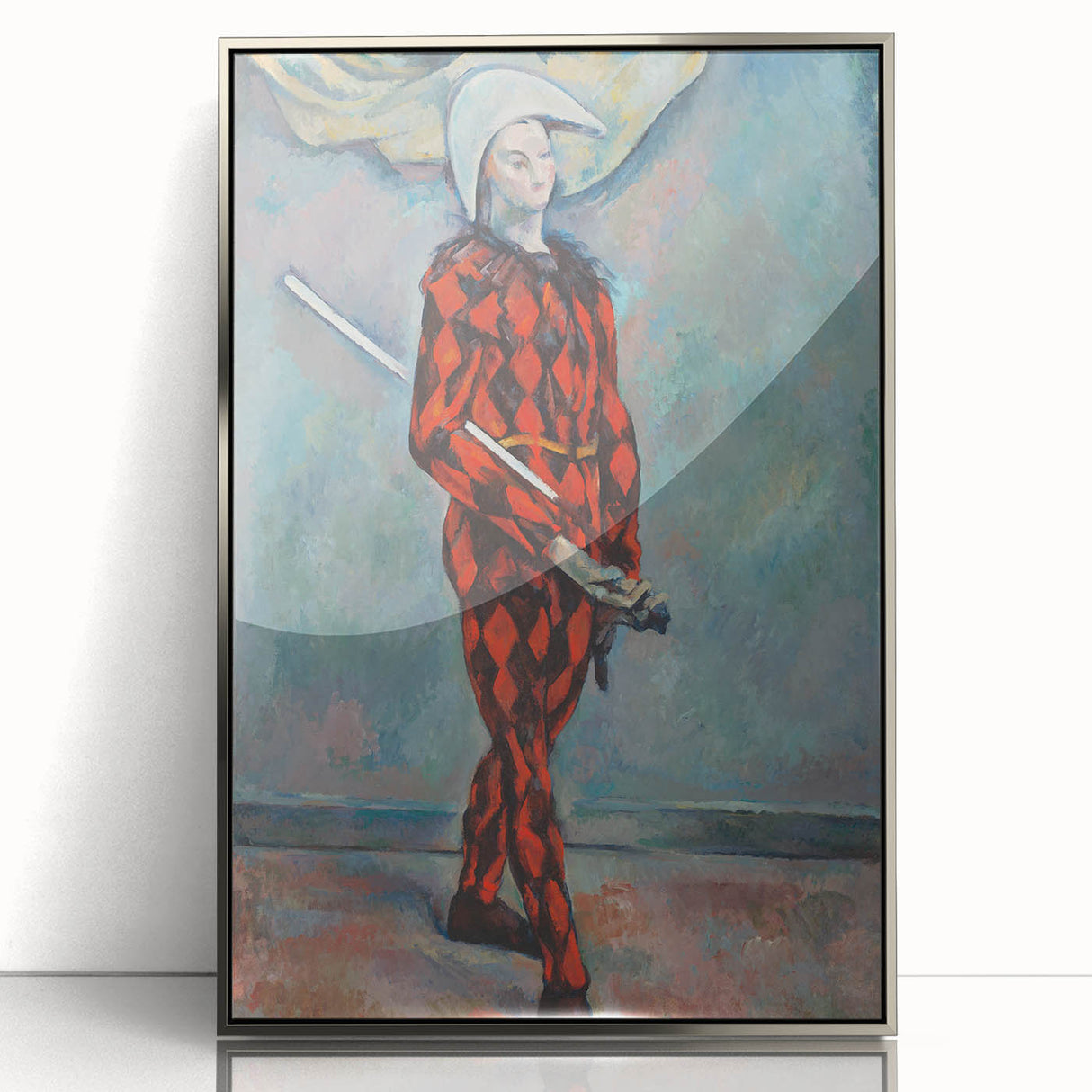Mid-century modernist art by Paul Cezanne, featuring an abstract landscape in muted earth tones, silver-framed acrylic print.