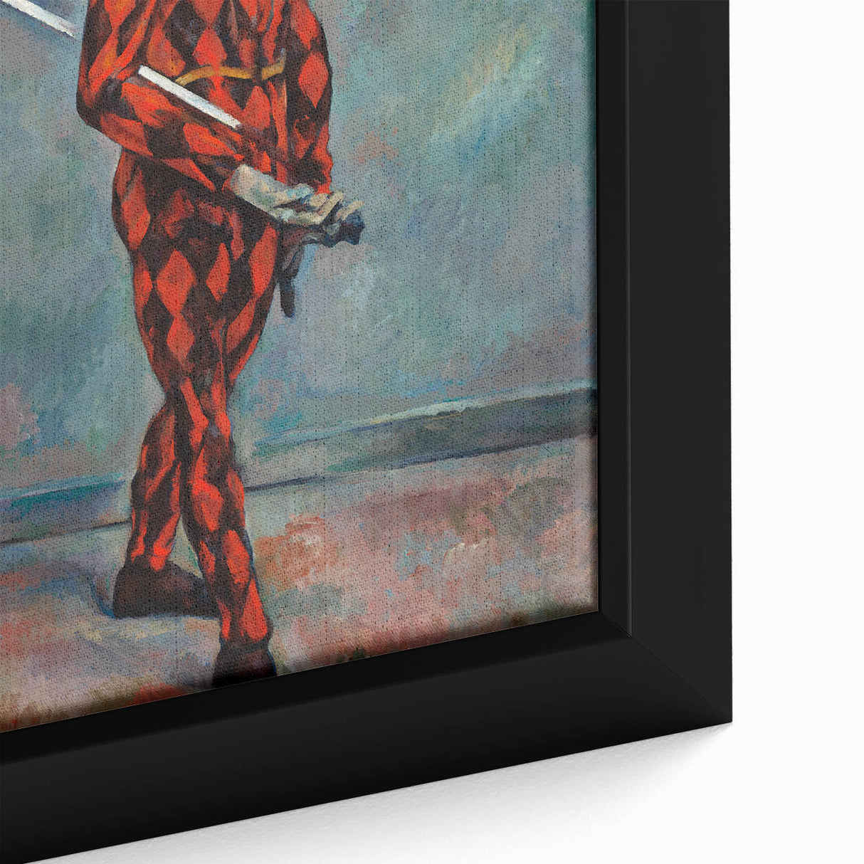 Close-up of a textured, extra large black wall art canvas by Paul Cezanne featuring colorful abstract shapes.