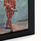 Close-up of a textured, extra large black wall art canvas by Paul Cezanne featuring colorful abstract shapes.