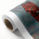 Art deco poster of a serene landscape on rolled canvas, in soft green and blue tones, ideal for nursery wall art.