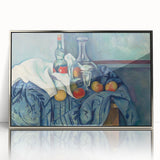 Mid-century modernist art by Paul Cézanne, featuring a landscape in muted green and blue tones on a silver-framed acrylic.