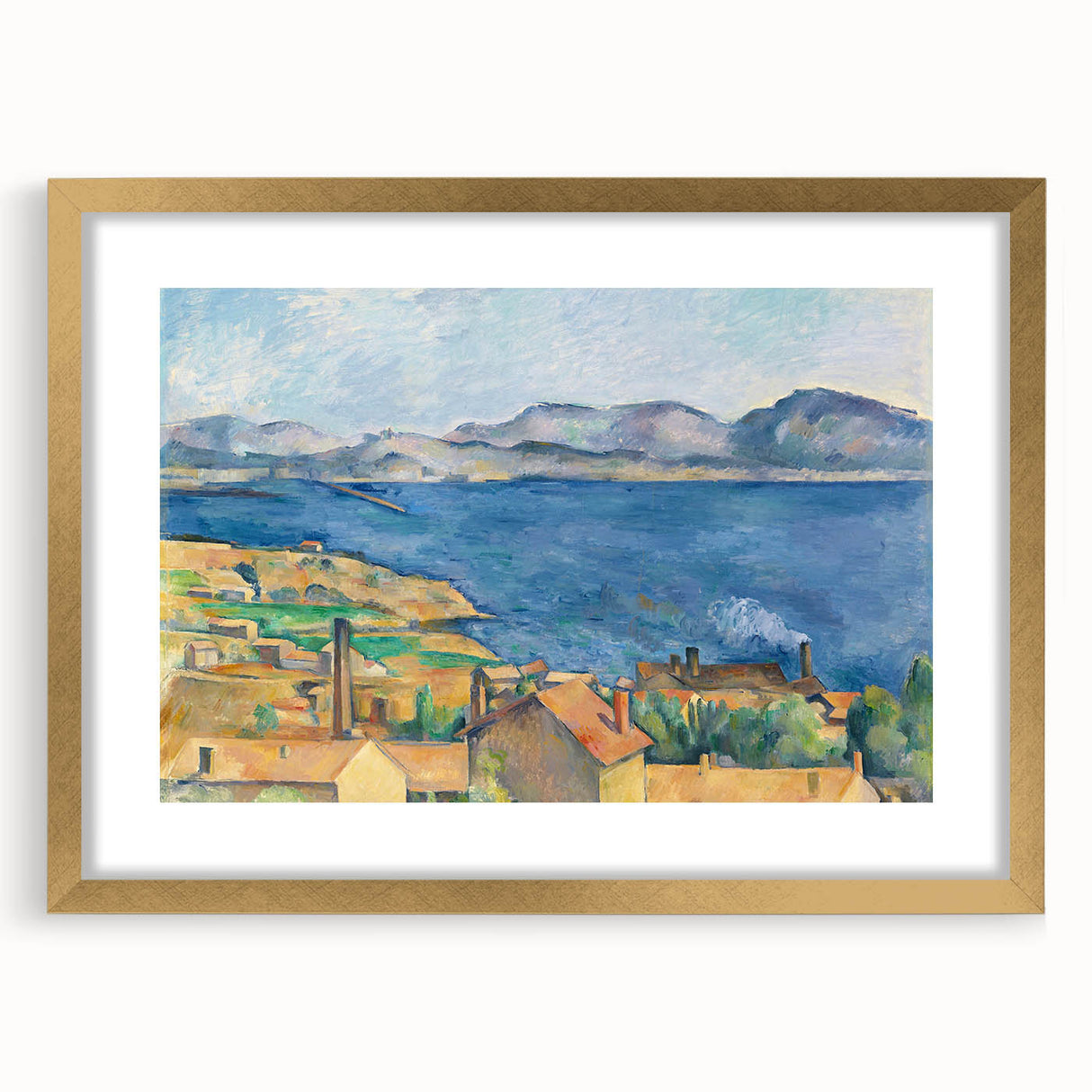 Extra large framed abstract print of a Paul Cézanne painting, featuring textured strokes in earthy tones.