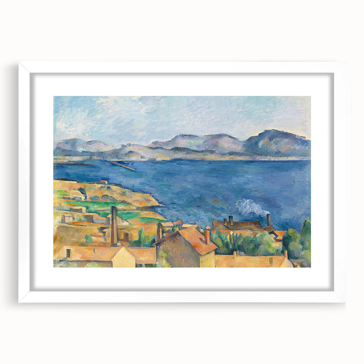 Abstract art print of geometric shapes in muted greens and blues on a white framed canvas, suitable for dining room decor.