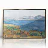 Large art print of a Paul Cézanne landscape in a gold frame, featuring mid-century modernist style.