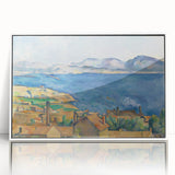 Acrylic print of Paul Cézanne's landscape in muted green and blue tones, framed in white, suitable for modern art wall decor.