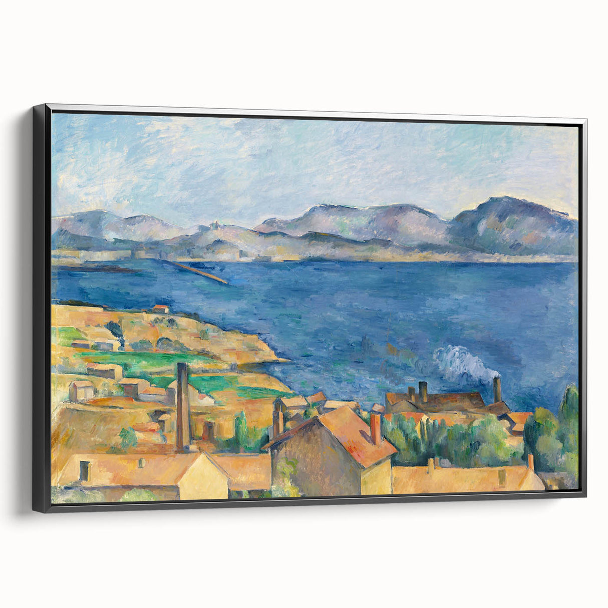 Black and white wall art featuring a vintage poster art style landscape painting on framed canvas.
