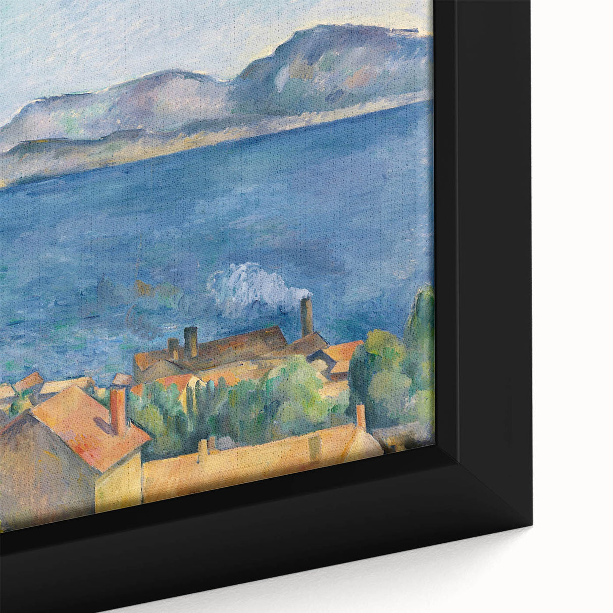 Extra large black wall art featuring a close-up, textured depiction of colorful abstract shapes, framed canvas.