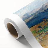 Art deco poster featuring abstract shapes in muted blue and gray tones on rolled canvas, ideal for nursery wall art.