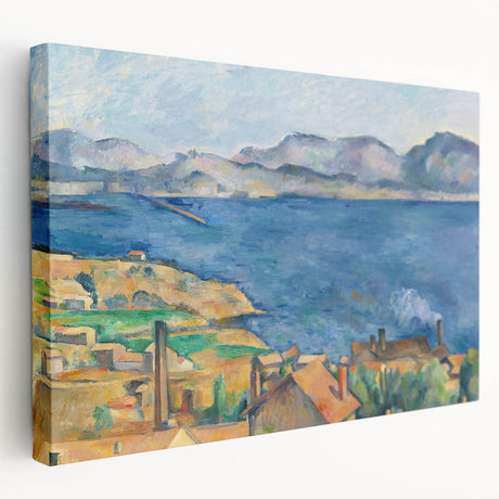Paul Cézanne's impressionist fruit still life on large stretched canvas, featuring soft earth tones.
