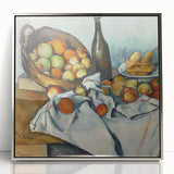 Mid-century modernist art by Paul Cezanne, featuring a landscape in muted earth tones, framed in silver acrylic.