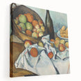 Paul Cezanne design on stretched canvas featuring a fruit still life in muted earth tones, ideal for kitchen wall art.