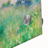 Mid-century modernist art featuring large abstract forms in vibrant, multicolored tones on acrylic glass.