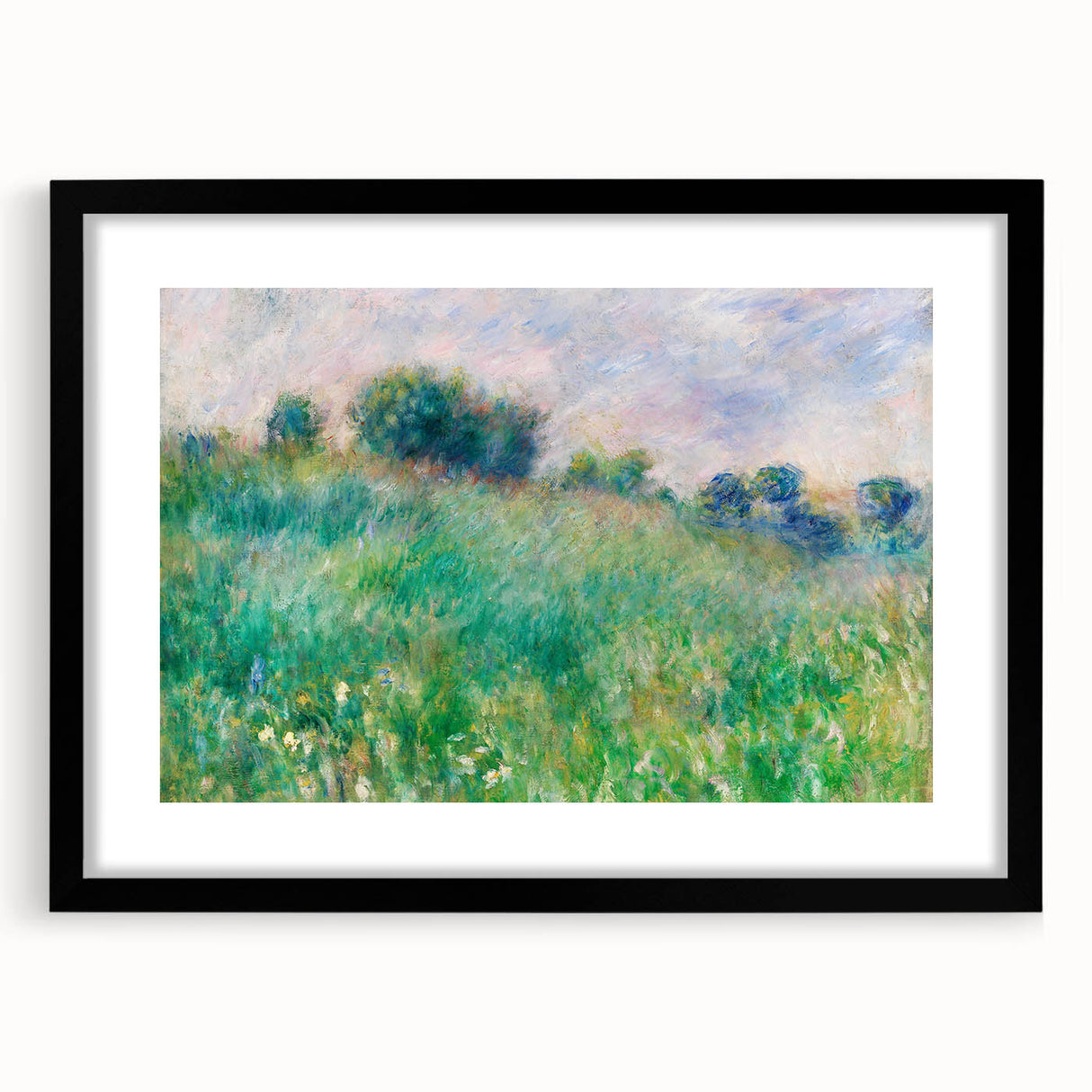 Extra large textured art print of abstract colorful motifs in a black frame, ideal for living room decor.