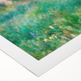 Art deco poster featuring a Pierre-Auguste Renoir painting on rolled canvas, with soft pastel shades.