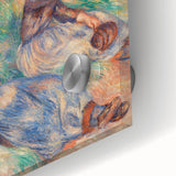 Mid-century modernist acrylic print featuring abstract shapes in vibrant colors, ideal for dining room art.