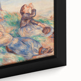 Close-up of a textured Pierre-Auguste Renoir painting on a black framed canvas, featuring vibrant, colorful brushstrokes.