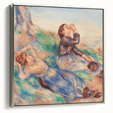 Framed canvas of a Pierre-Auguste Renoir landscape painting, featuring colorful foliage and a river, ideal for vintage decor.