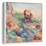 Vintage poster art of a colorful Pierre-Auguste Renoir painting in a white frame, ideal for living room decor.