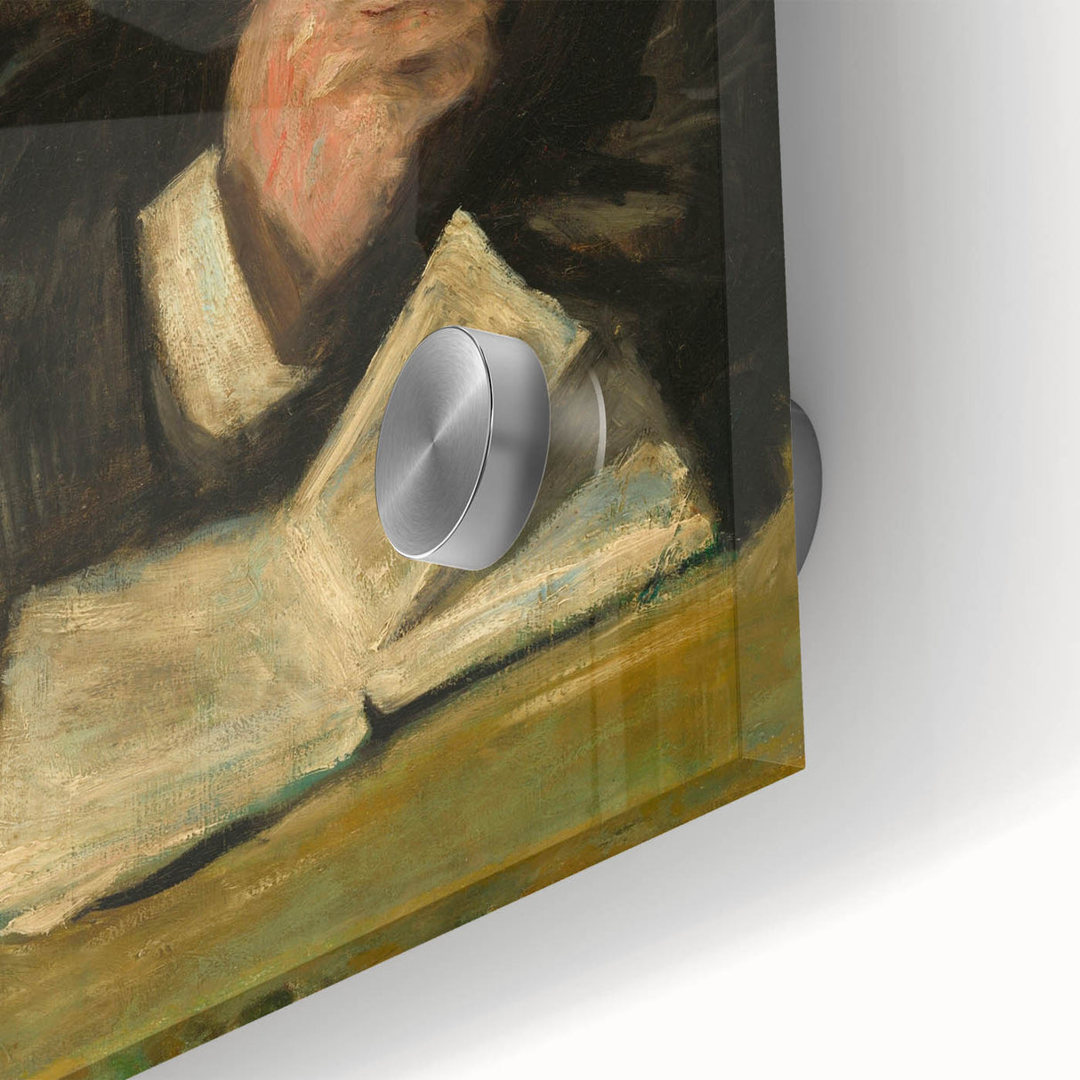 Mid-century modernist art featuring abstract shapes in muted earth tones on acrylic glass, ideal for dining room art.