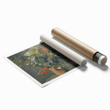 Large rolled print featuring a Renoir floral painting in soft pastel colors, suitable as classy bathroom wall art.