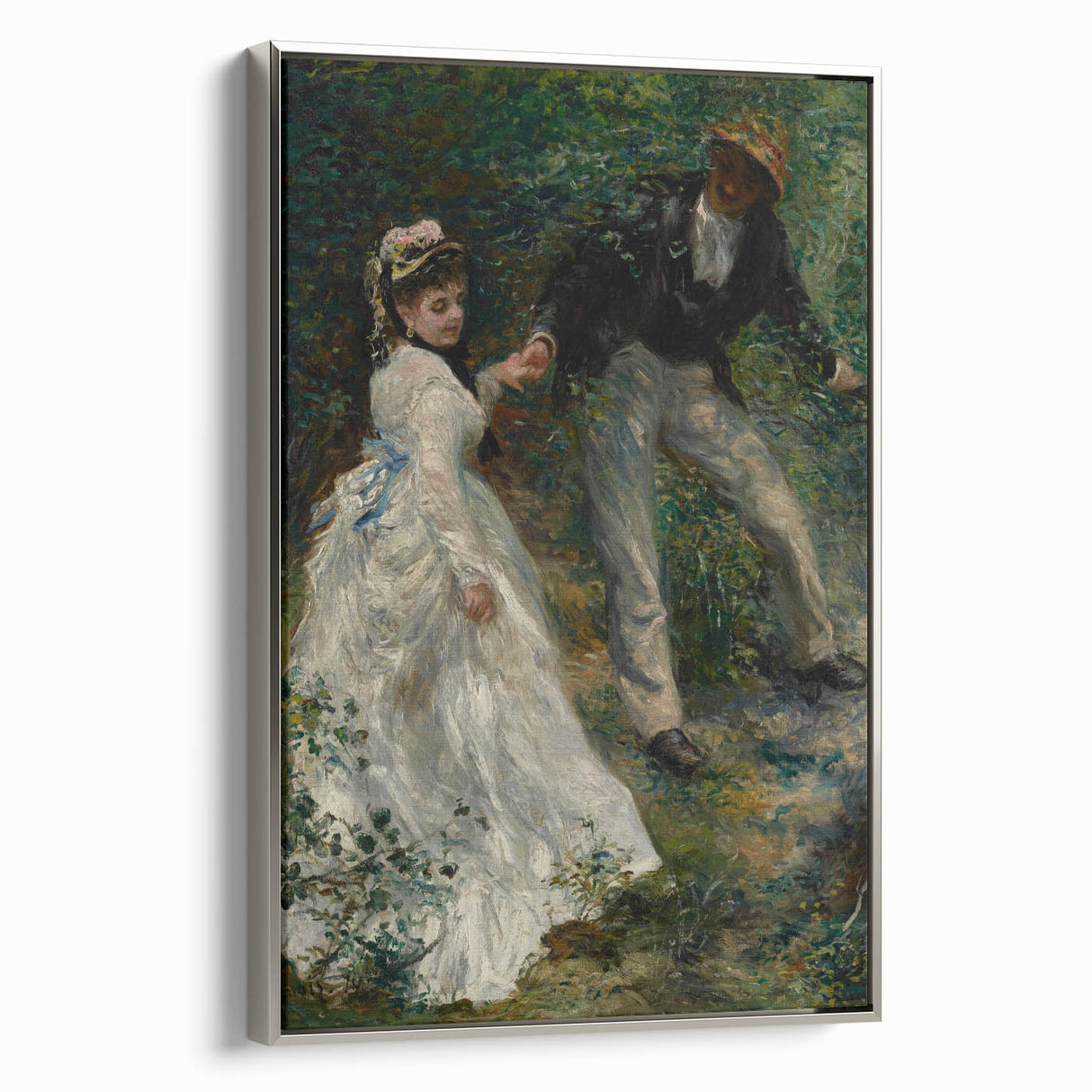 Framed canvas featuring a landscape art painting by Pierre-Auguste Renoir with colorful, impressionist style.