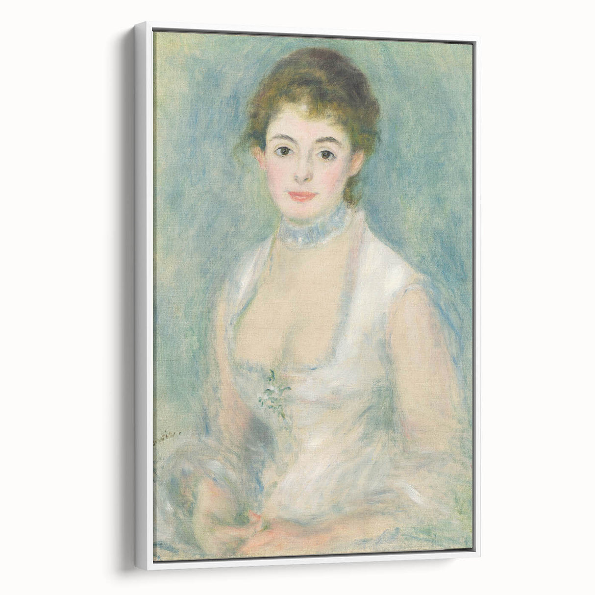 Vintage poster art featuring a colorful Pierre-Auguste Renoir design on a large framed canvas, ideal for living room decor.