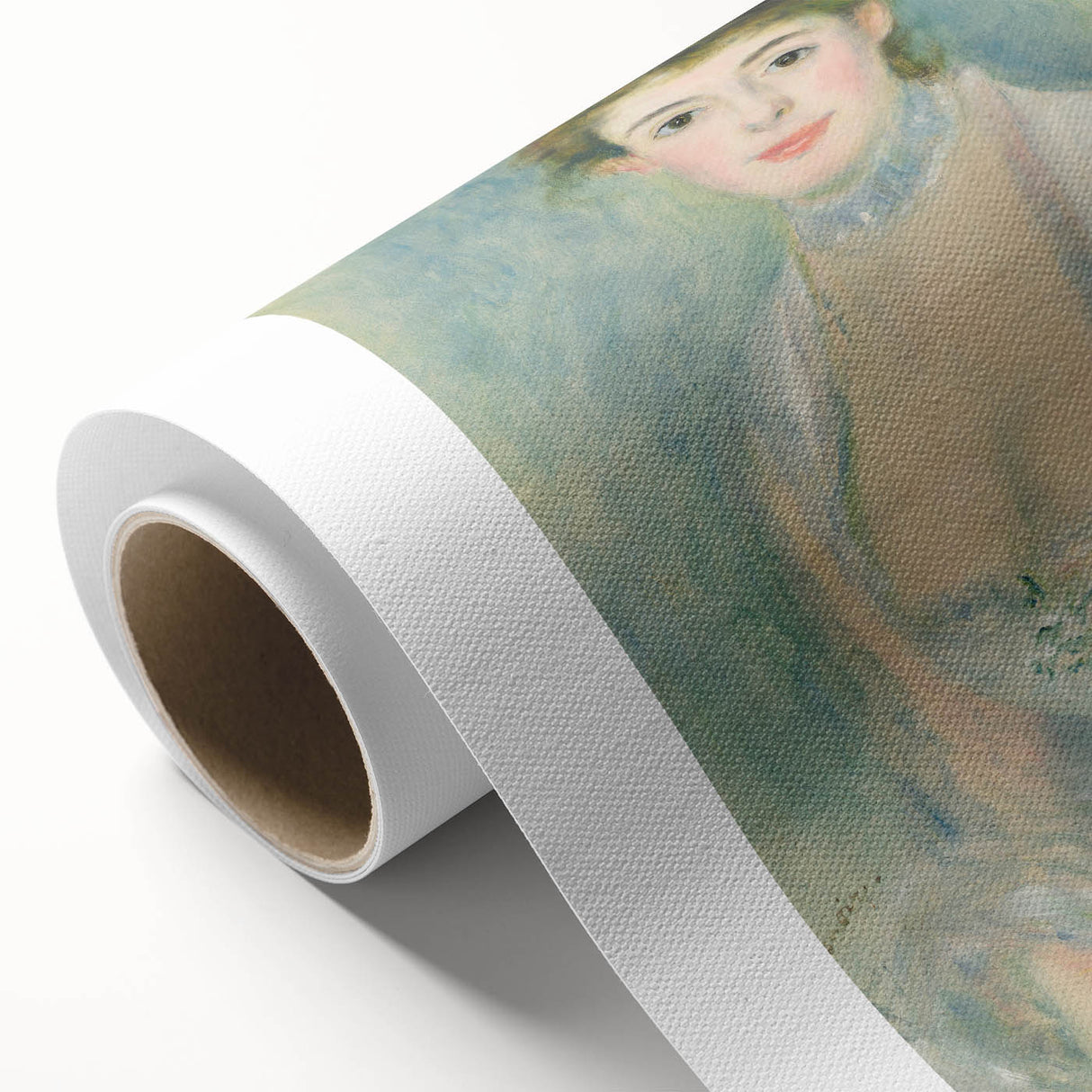 Art Deco style poster of a Pierre-Auguste Renoir painting on rolled canvas, featuring soft pastel colors.