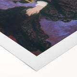 Art deco poster of a serene lakeside scene in muted blue and green tones on rolled canvas, ideal for dining room wall decor.