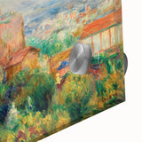 Mid-century modernist art print of abstract shapes in muted earth tones on acrylic glass, suitable for dining room decor.