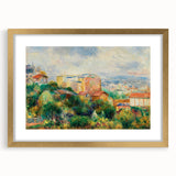 Extra large abstract art print of impressionist style painting in gold frame, displaying muted earth tones.