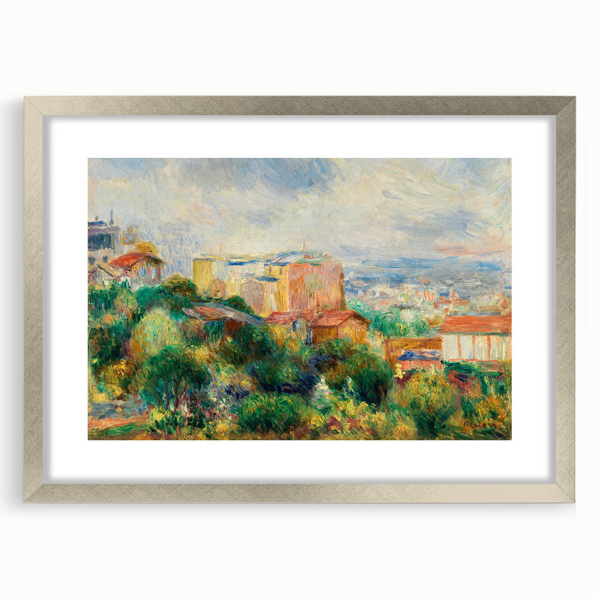 Textured art print of abstract shapes in soft pastel colors on a silver-framed canvas, ideal for bedroom decor.