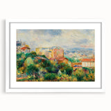 Abstract art print of a Pierre-Auguste Renoir painting in white frame with mat, featuring soft pastel colors.
