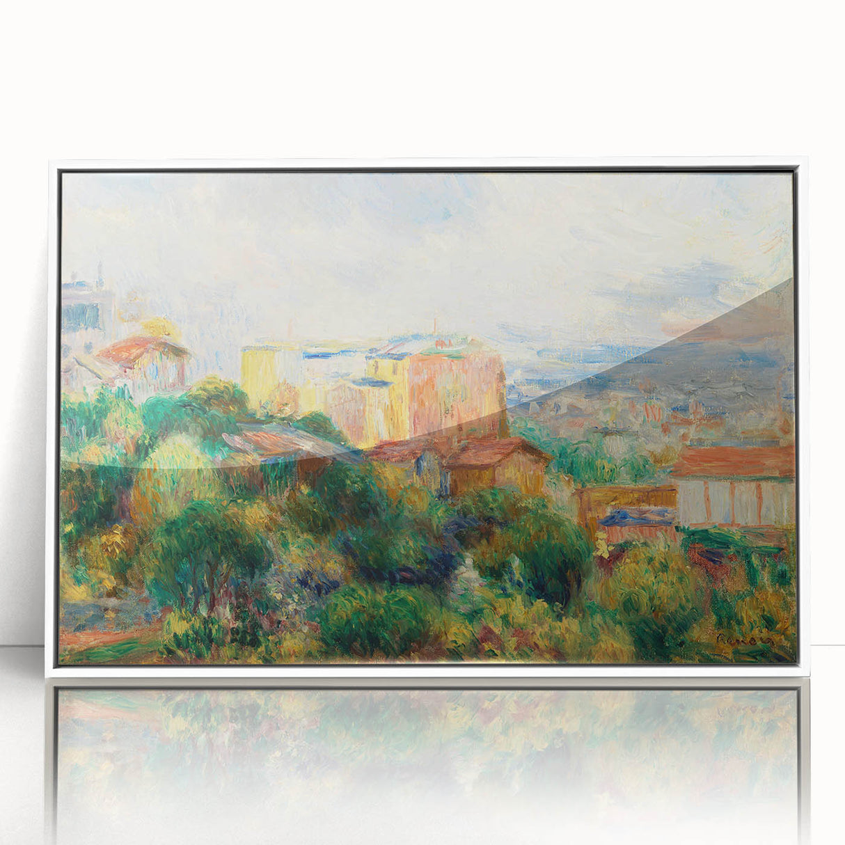 Art deco poster of a Pierre-Auguste Renoir painting in muted colors, framed acrylic, suitable for nursery wall art.