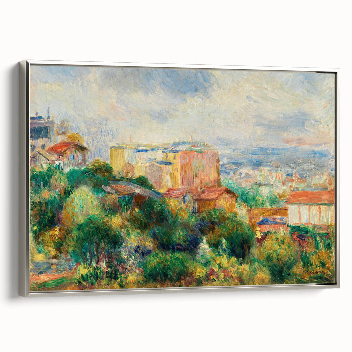 Framed canvas of a Pierre-Auguste Renoir landscape painting, featuring vibrant color palette and vintage poster art style.