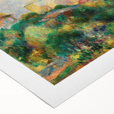 Art deco poster featuring a Pierre-Auguste Renoir painting on rolled canvas, with soft pastel shades.