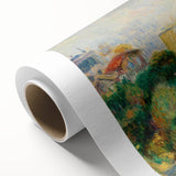 Art Deco style poster of a serene landscape in muted green and blue tones, printed on rolled canvas.