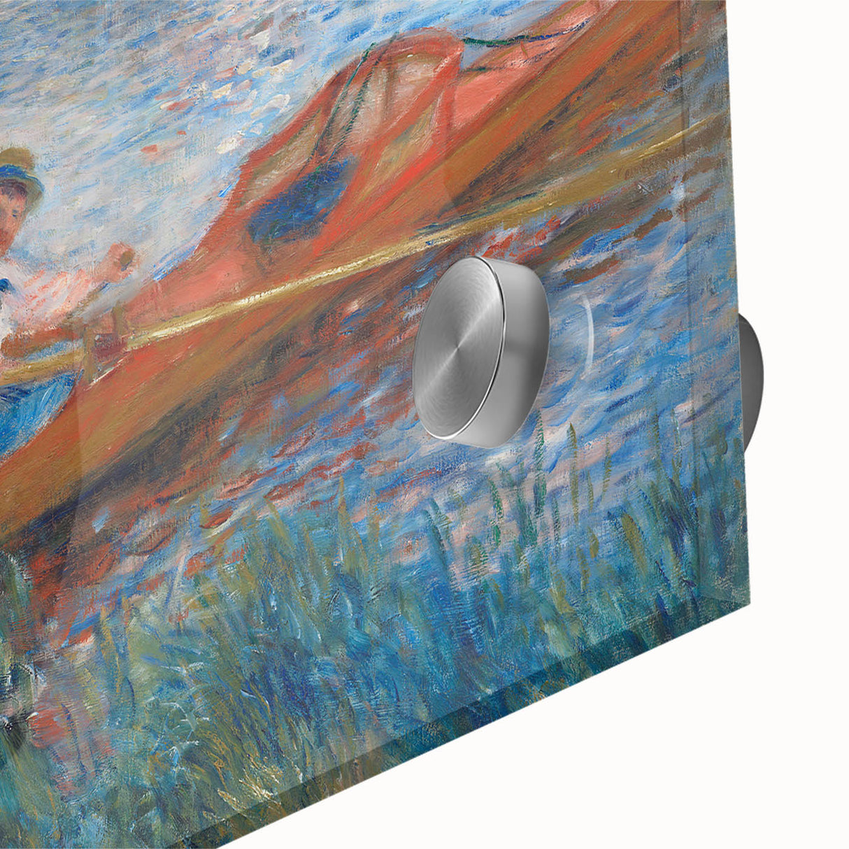 Mid-century modernist art featuring abstract shapes in vibrant orange and blue on acrylic glass, ideal for dining room art.