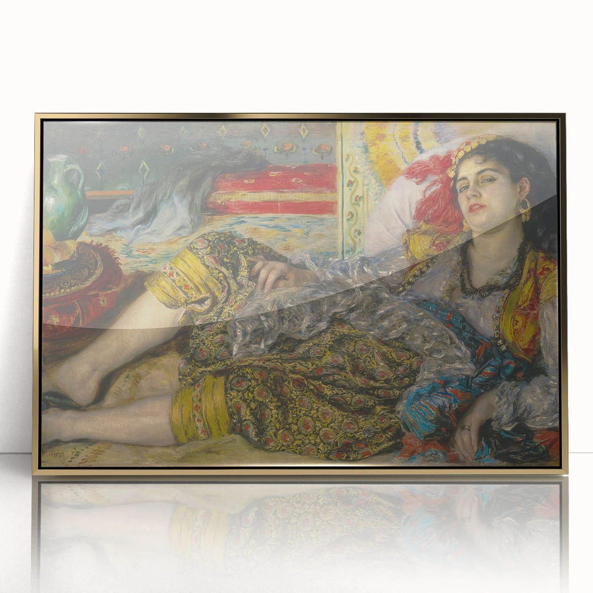 Large art print of a Pierre-Auguste Renoir painting in a gold frame, featuring soft pastel shades.