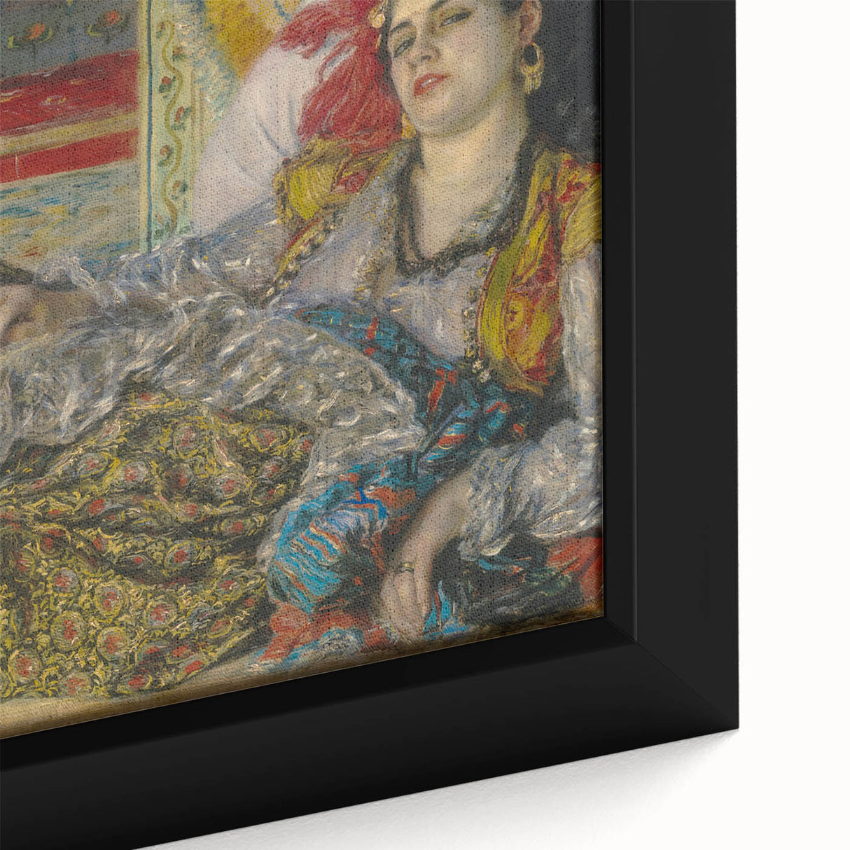 Close-up of a textured, extra large framed canvas featuring colorful art with a black background.