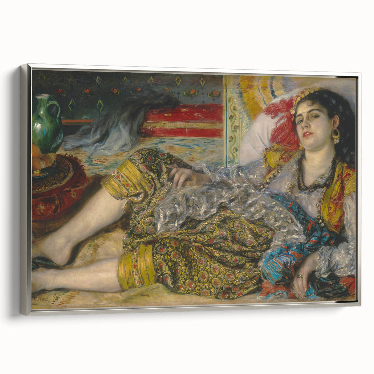 Framed canvas of a Pierre-Auguste Renoir landscape painting, featuring vibrant colorful art on a black background.