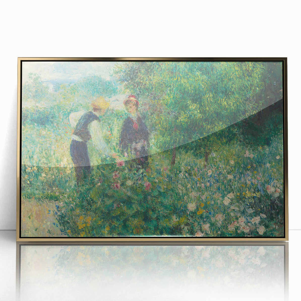 Mid-century modernist art print of 'The Impressionists and Beyond' by Pierre-Auguste Renoir in a gold framed acrylic.